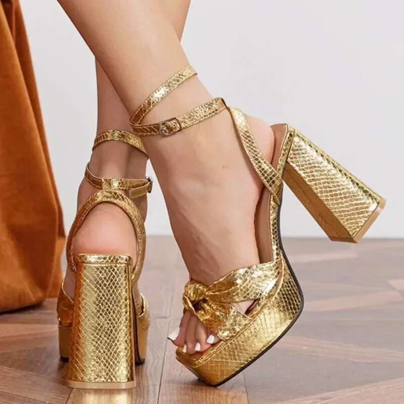 Gold Ankle Strap Women Sexy Sgbacks Chunky High Heels Designer Summer Elegant Platform Sandals Party Shoes