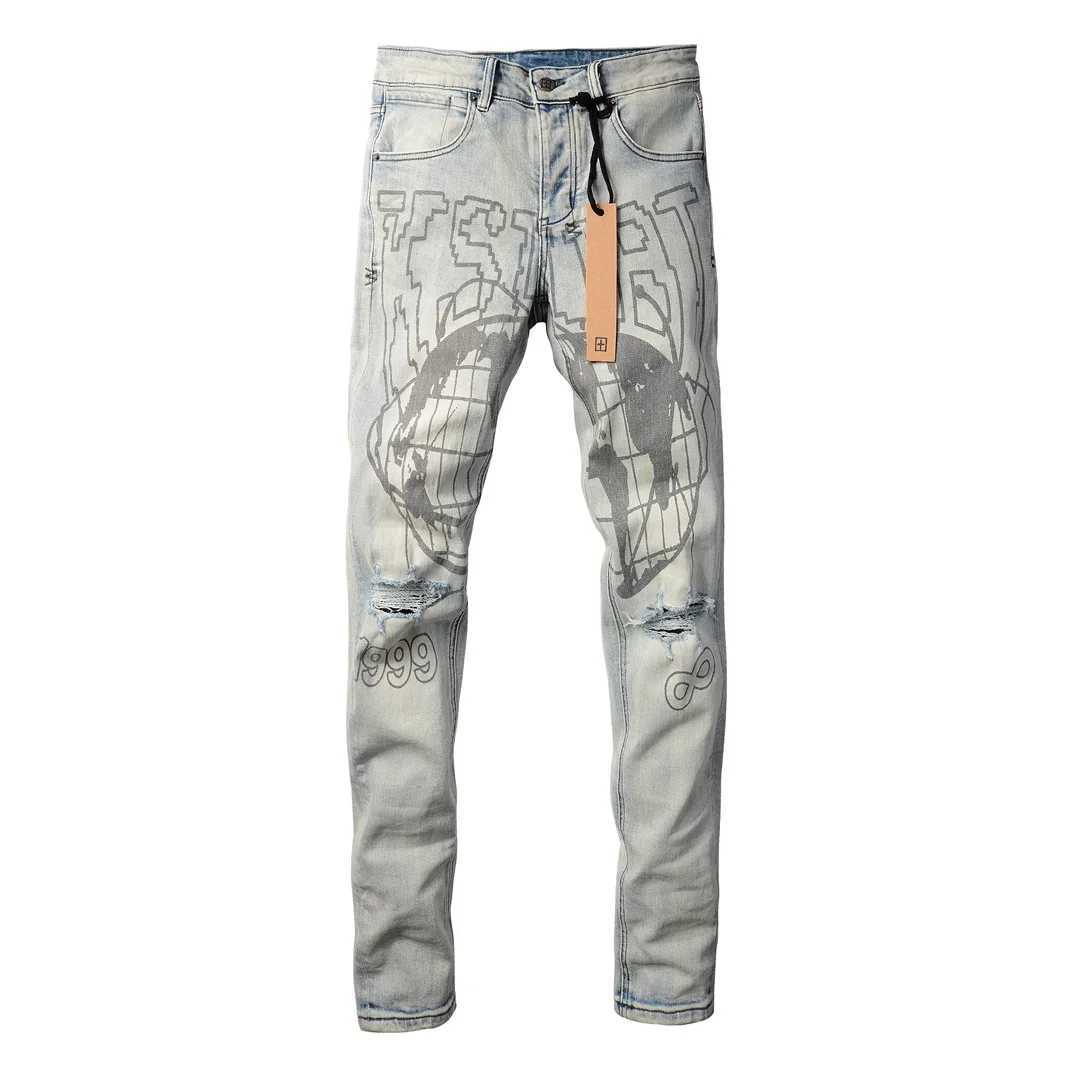 Retro Mens Jeans KSUBI Cross Paint World Hole Trend Low Rise Skinny Denim Pants Pleated Ripped Frayed Trousers 303 W250222