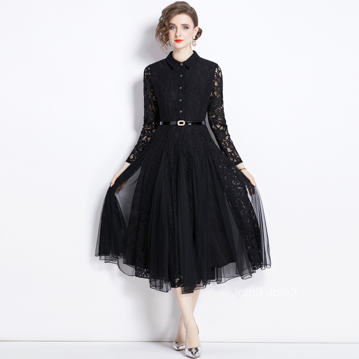 Spring and Autumn New Womens Clothing Elegant Long Skirt with Waist Collection Mesh Splicing Lace Large Swing Dress