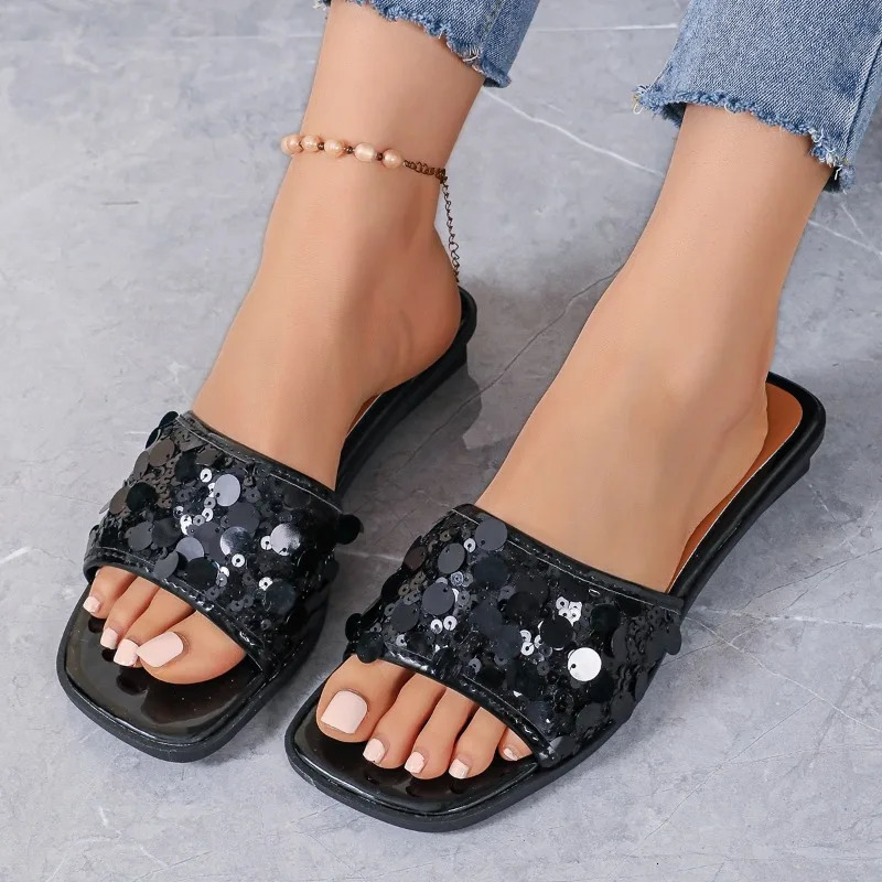 Shoes for Women Open Toe Womens Slippers Square Toe Modern Slippers Women Rhinestones Crystal Shoes Female Zapatos Mujer 250221