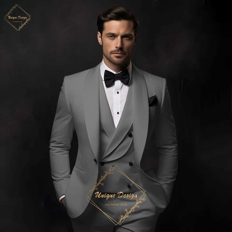 Premium WhiteTuxedo Suit for Men 3 piece Set lapel shawl classic tailored wedding groom prom cocktail party attire birthday giftXJ250222