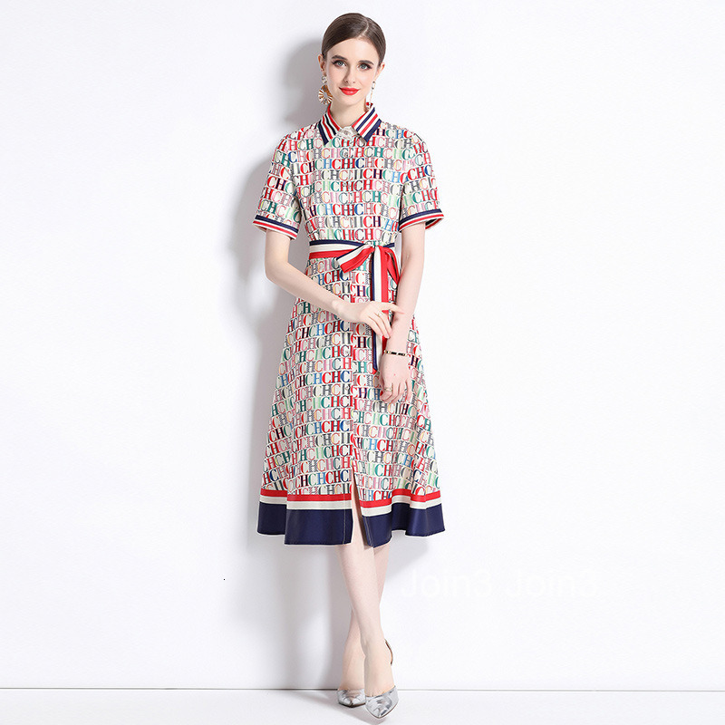 Fashionable and Versatile Waist with Positioning Printed Short Sleeve Cardigan Dress and Belt
