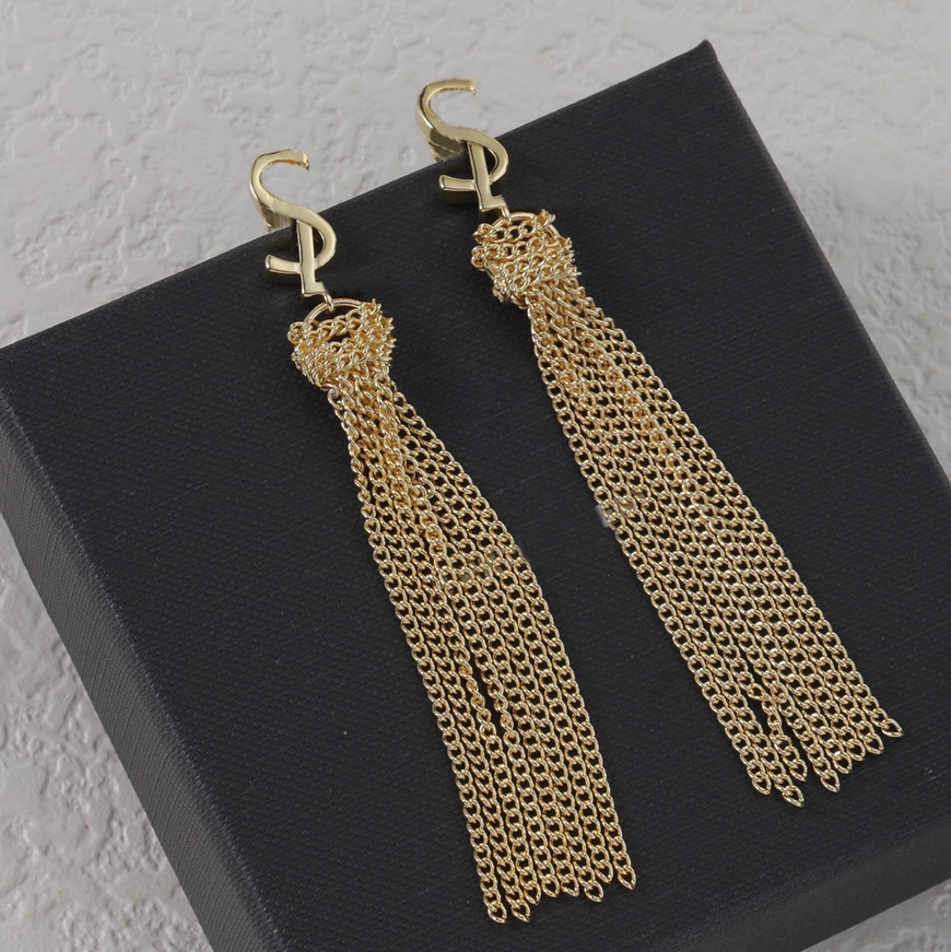 Vintage Simple Long Tassel Dangle Earring Eardrop Fashion Designer 18K Gold Plated Fringe Earring Studs for Women Top Quality Party Wedding Jewelry Gift