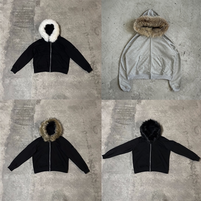 Y2K Zip up Hoodie Solid color Plush Coat Men Clothes Fur collar Hip Hop Streetwear Harajuku American Style Hooded Sweatshirt Top 250120