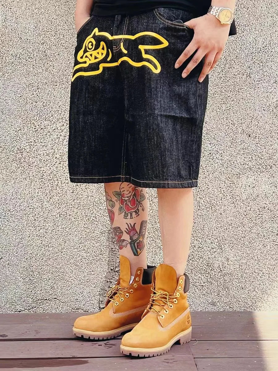 Dog Embroidered Jeans Men Shorts Skull Head Pocket High Elastic Feet Middle Pants Worn Out 3D Print Zipper Slim Fit Street2 250214Z