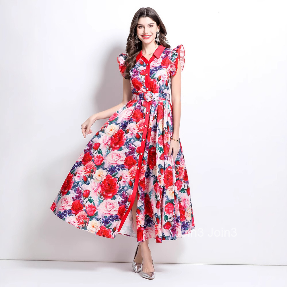Spring/summer New Womens Clothing Style Flower Pattern Flying Sleeve Ruffle Edge Large Swing Long Dress