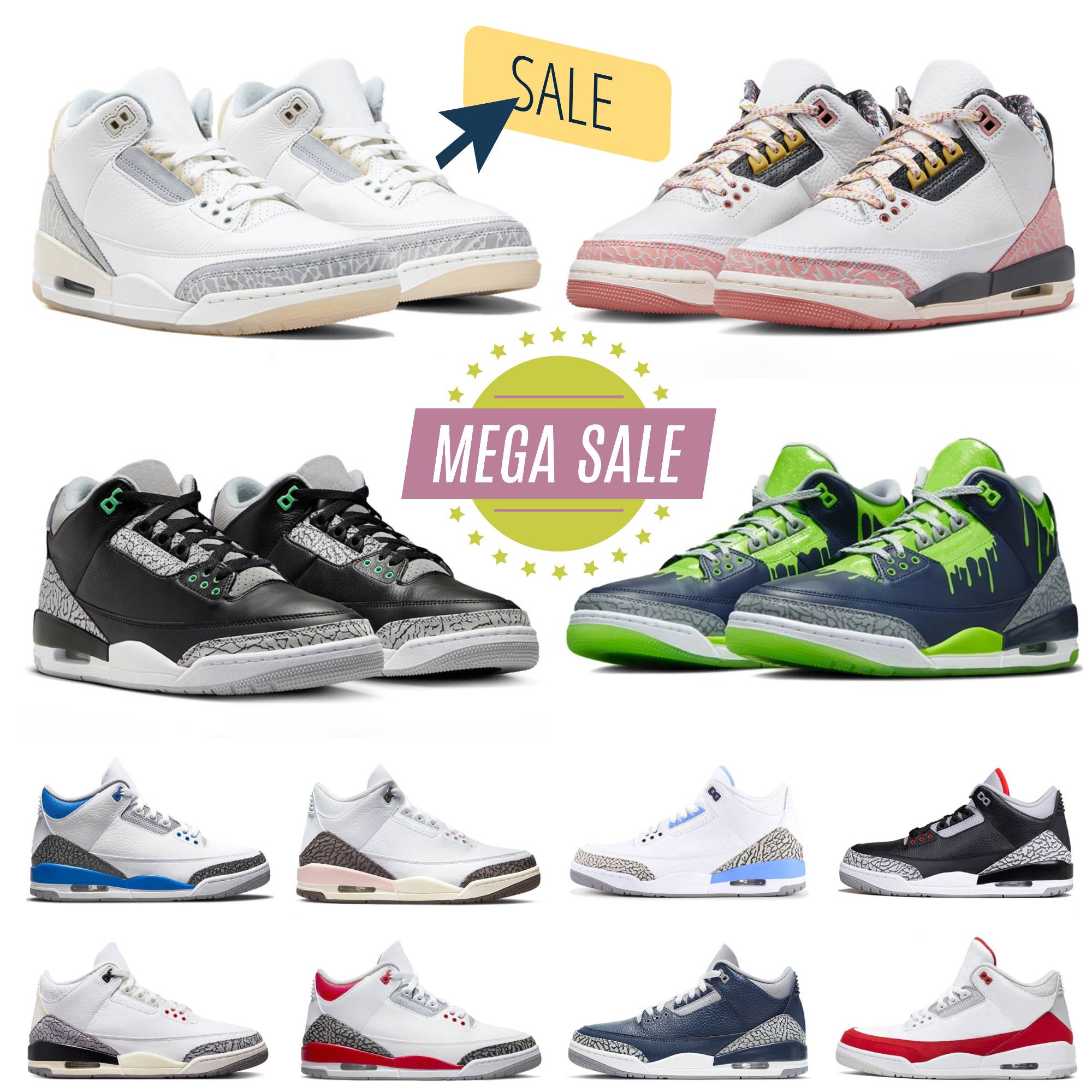 Mens Basketball Shoes J3 3s Sneakers White Cement Reimagined Fire Red Cardinal Dark Iris Pine Green UNC Rust Pink Black Cat Wizards Mens Women Outdoor Sports Trainers