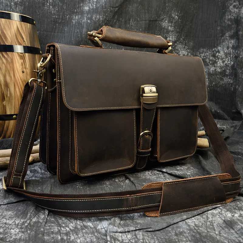 Luxury Fashion 100% Genuine Leather Men Briefcase Cow Leather Laptop Bag Vintage Shoulder Bag Real Cowhide Computer Bag 15.6 Z250220-1