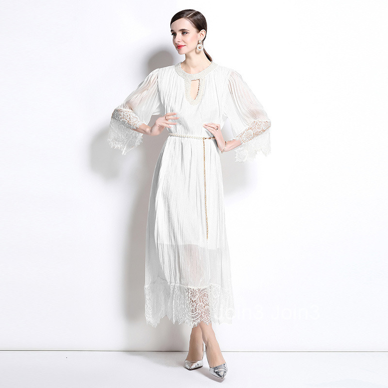 Spring New Womens Style Lace Splicing pleated Long Dress Large Loose Nail Bead Dress