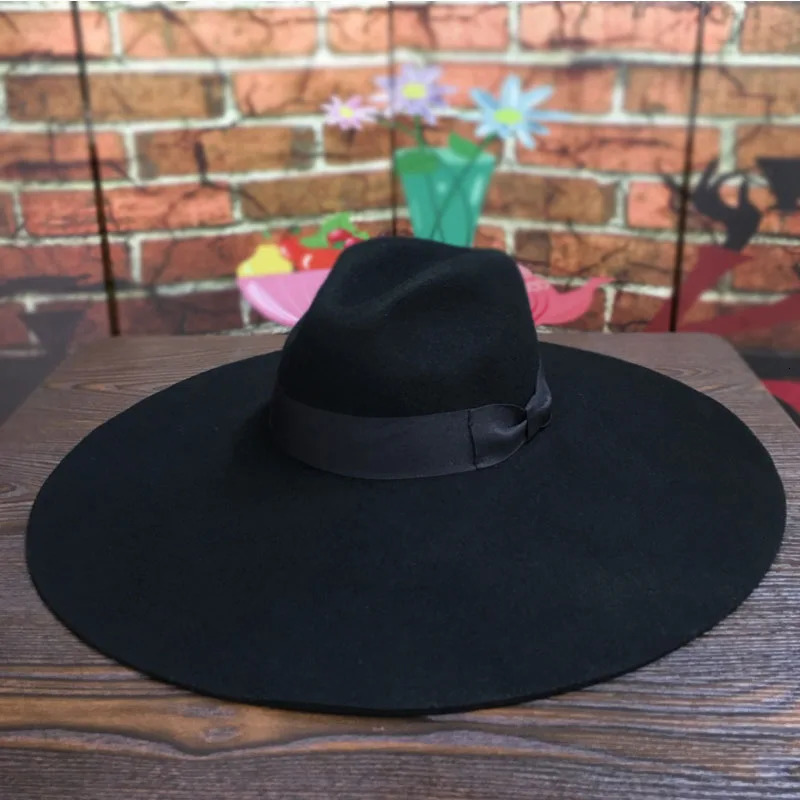 Women 16cm Large Wide Brim Wool Felt Hat Chic Floppy Warm Winter Trilby Ribbon Bowknot Church Dress Wedding Fedora Jazz 250213