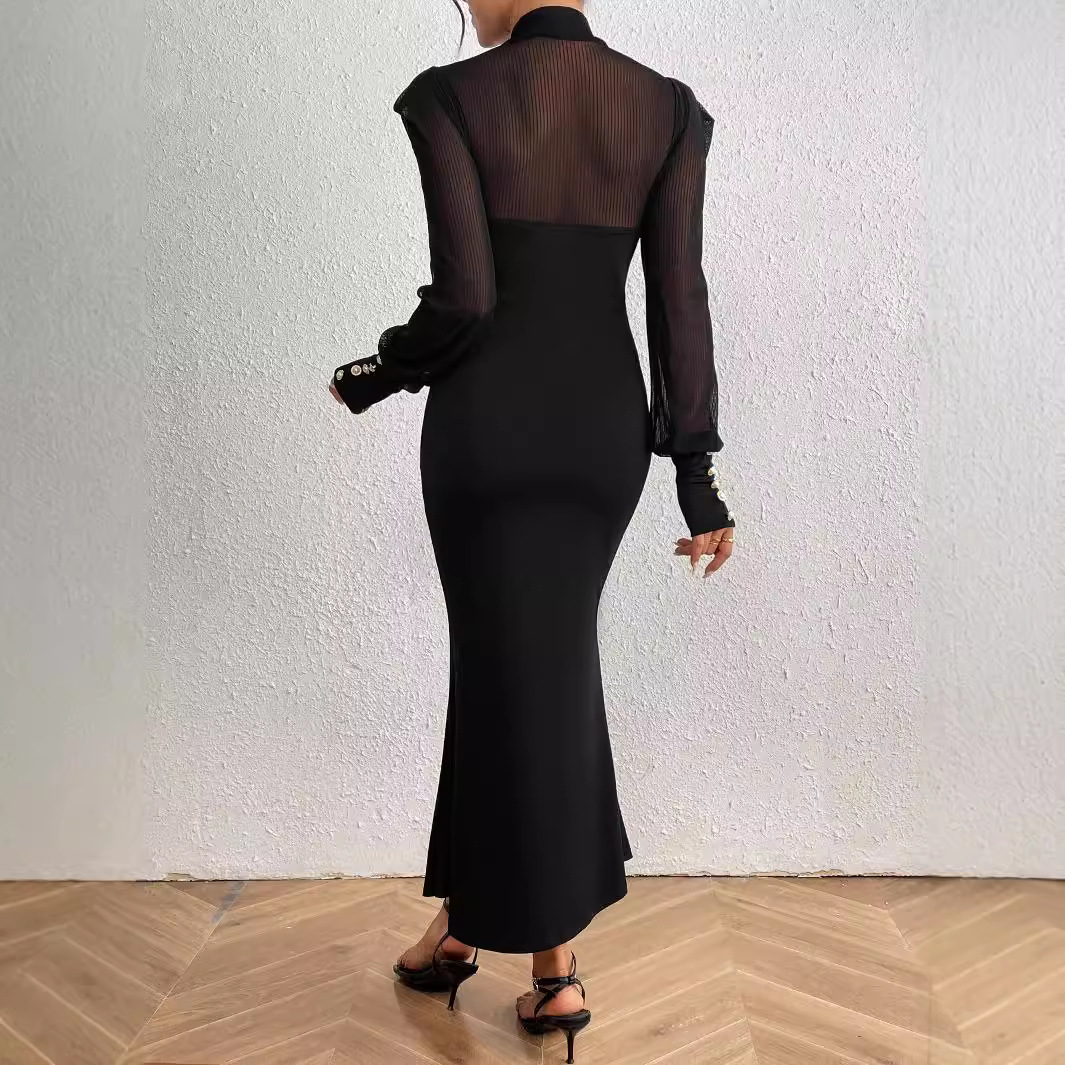 X22370 Lace stitching small high collar fishtail hem dress dinner party