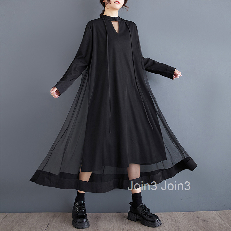 Spring and Autumn New Trendy Big Swing Dress Fashion V-neck Casual Mesh Splicing Loose Dress