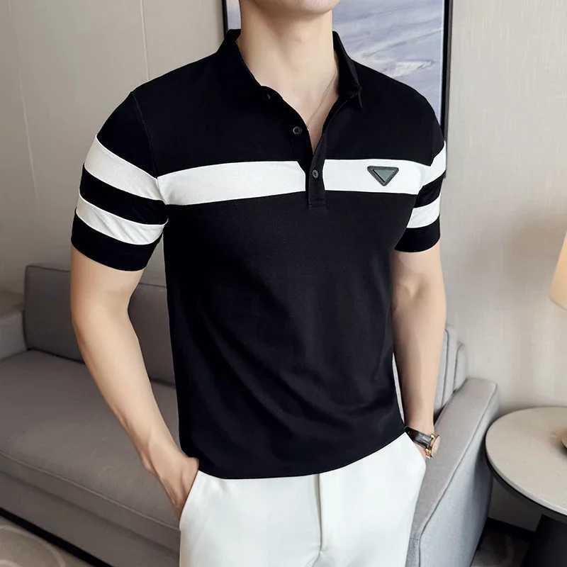 Men's Polos Mens Polo Shirt 2024 Summer New Light and Thin Breathable Striped Color Blocking Short Sleeved Casual Lapel T-shirt Mens Clothing z25