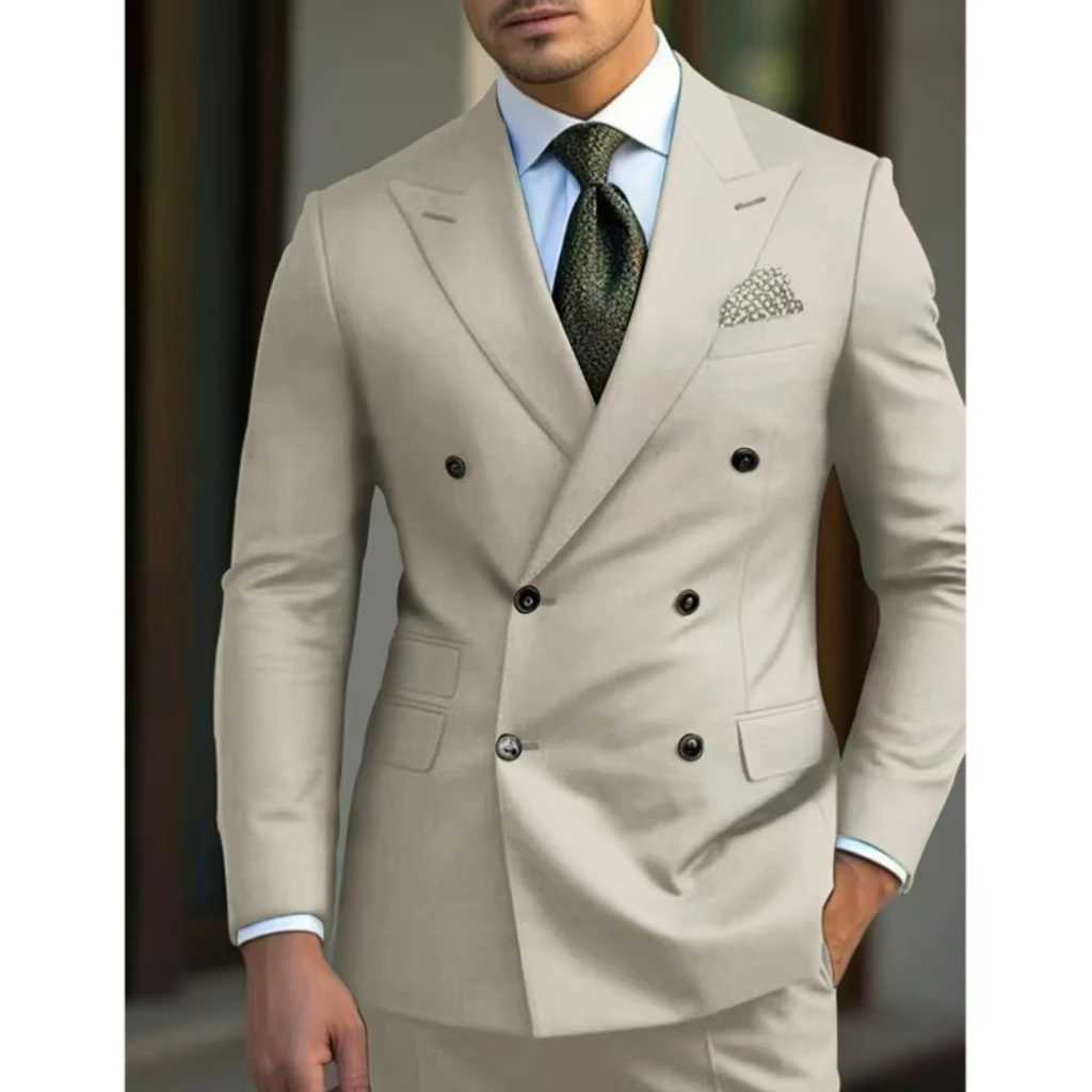 Mens Classic Slimming Set 2-piece Jacket and Pants Double Breasts Top Collar Luxury Mens Wedding Set Evening DressXJ250222