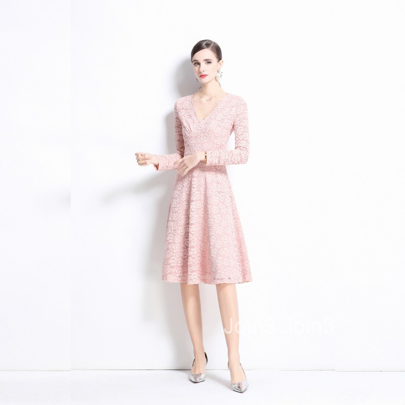 Spring New Womens Clothing Sweet Temperament V-neck Long Sleeved Slim Fit Lace Long Skirt Dress