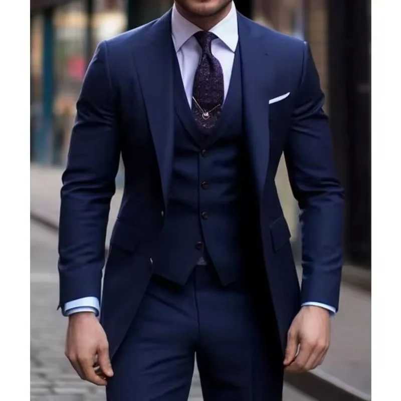 Navy Blue 3-piece casual mens ultra-thin fit open collar formal best mens wedding dress Trajes De HombreXJ250222