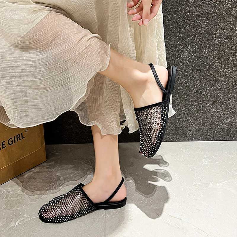 Nude Color Fishnet Mule Slides Woman Luxury Rhine Mesh Flat Sandals Ladies Summer Casual Net Shoes Plus SizeXJ250221