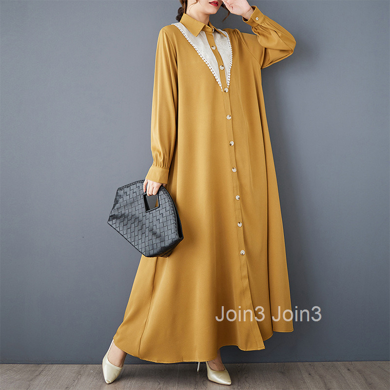 Spring and Autumn New Loose Artistic Fashion Mesh Embroidery Color Contrast Splicing Medium length Shirt Dress