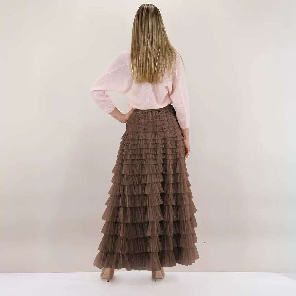 New French long elegant autumn temperament, solid color, high waisted mesh cake skirt, fluffy half skirt for women