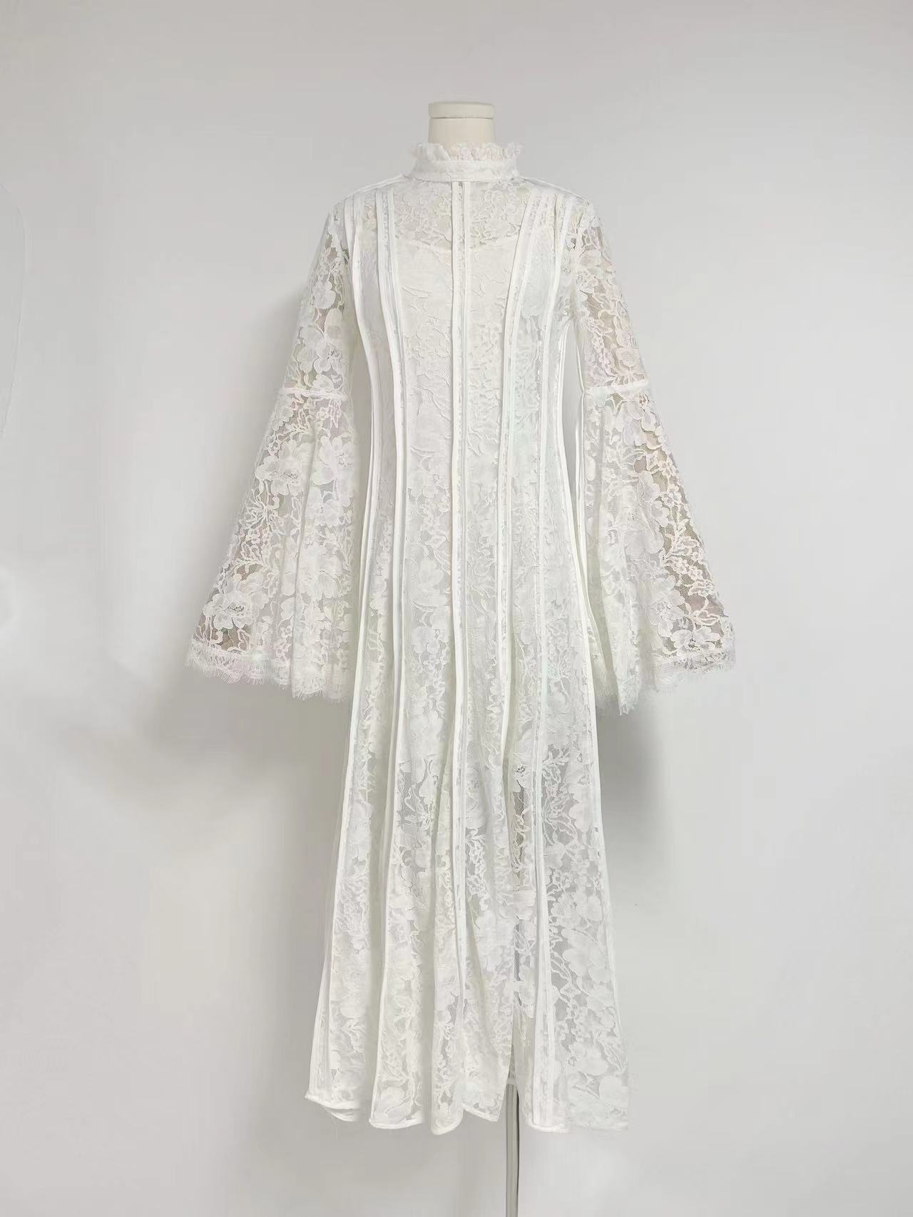 MU23130 Foreign trade cross-border 2023 autumn new style stand-up collar trumpet sleeve lace patchwork waist long dress for women