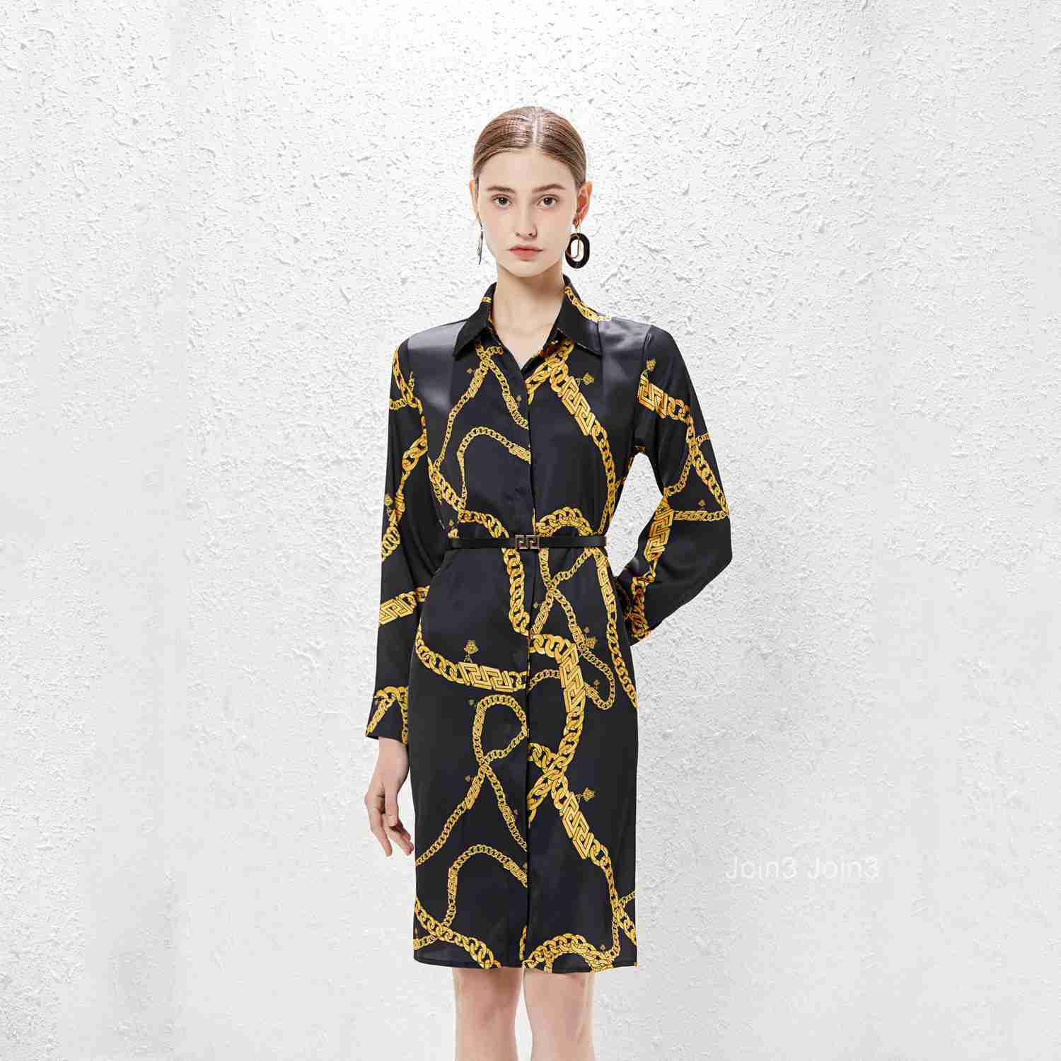 Spring/Summer New Womens Satin Chain Printed Single breasted Elegant Dress (with Belt)