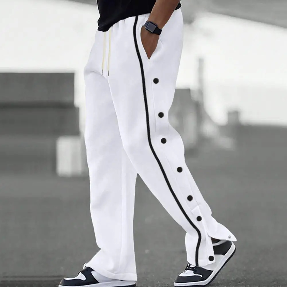 Elastic Waistband Pants Pocket Trousers Mens Loose Fit Sweatpants with Side Pockets Drawstring Waist Button for Beach250214