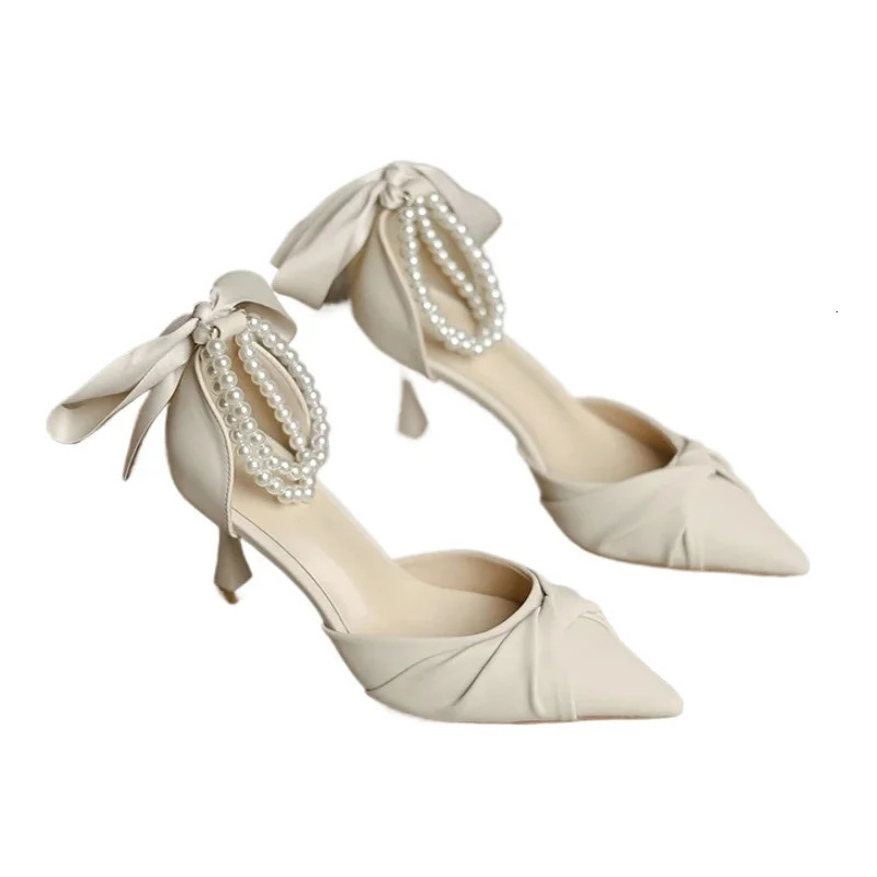 Womens elegant white highheeled sandals short and chubby platform pearl ankle with pump womens lace bow party shoes 250218