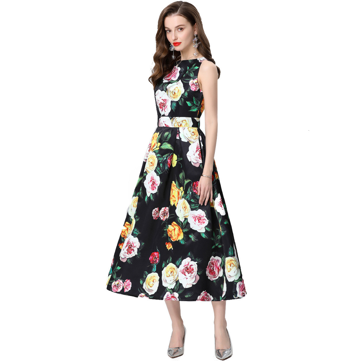 Summer New Womens Clothing Style Fashionable Printed Sleeveless High Waist Dress Long Skirt A-line Skirt
