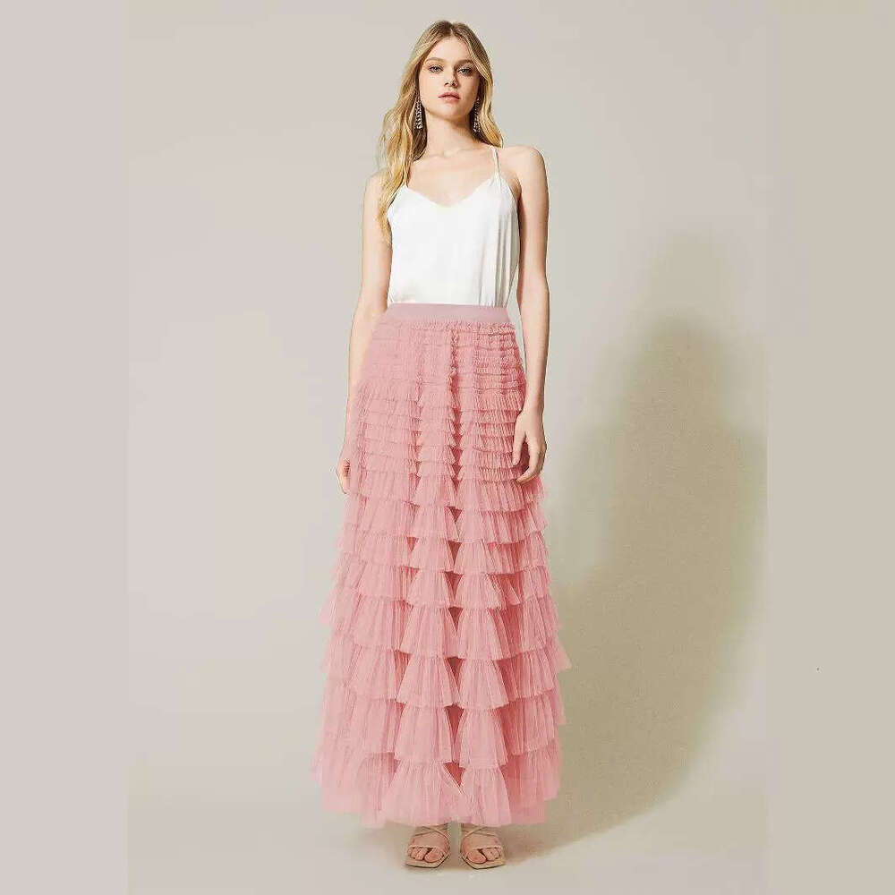 New French long elegant autumn temperament, solid color, high waisted mesh cake skirt, fluffy half skirt for women