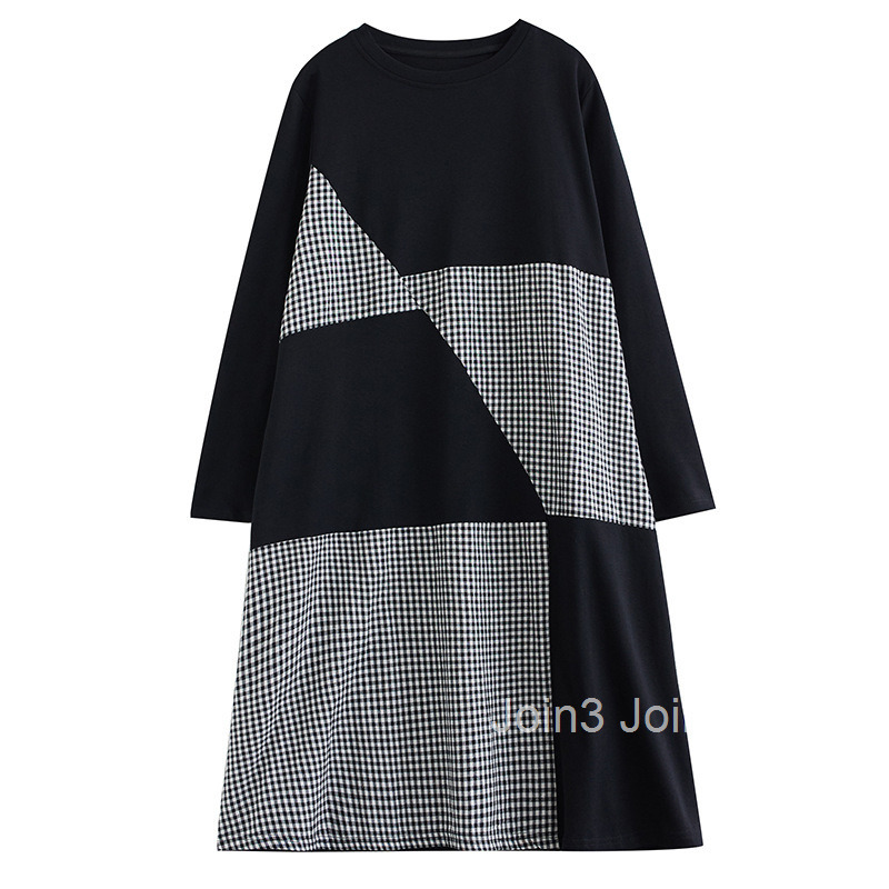 Autumn New Checkered Splicing Dress Loose and Casual Meat Hidden Medium Long A-line Skirt Bottom Skirt