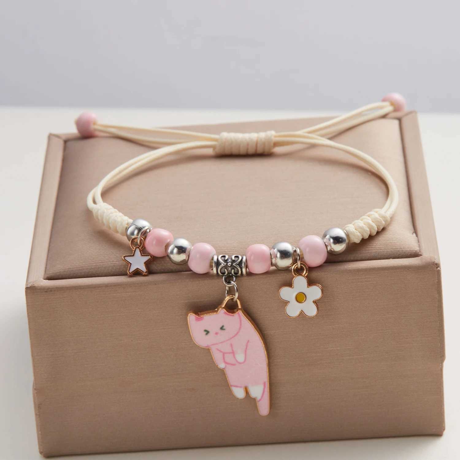 Cartoon enamel animal cat flower bracelet for girls children women charm pet sling rope bracelet handmade friendship jewelry W250221