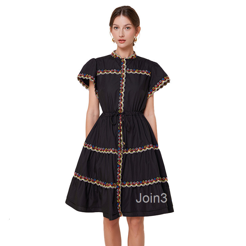 French style stand up collar colorful embroidery drawstring slim fit look at dress