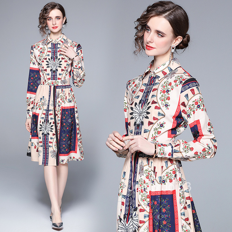 Spring Fashion Show New Product Temperament Slim fit Medium length Printed Shirt Dress