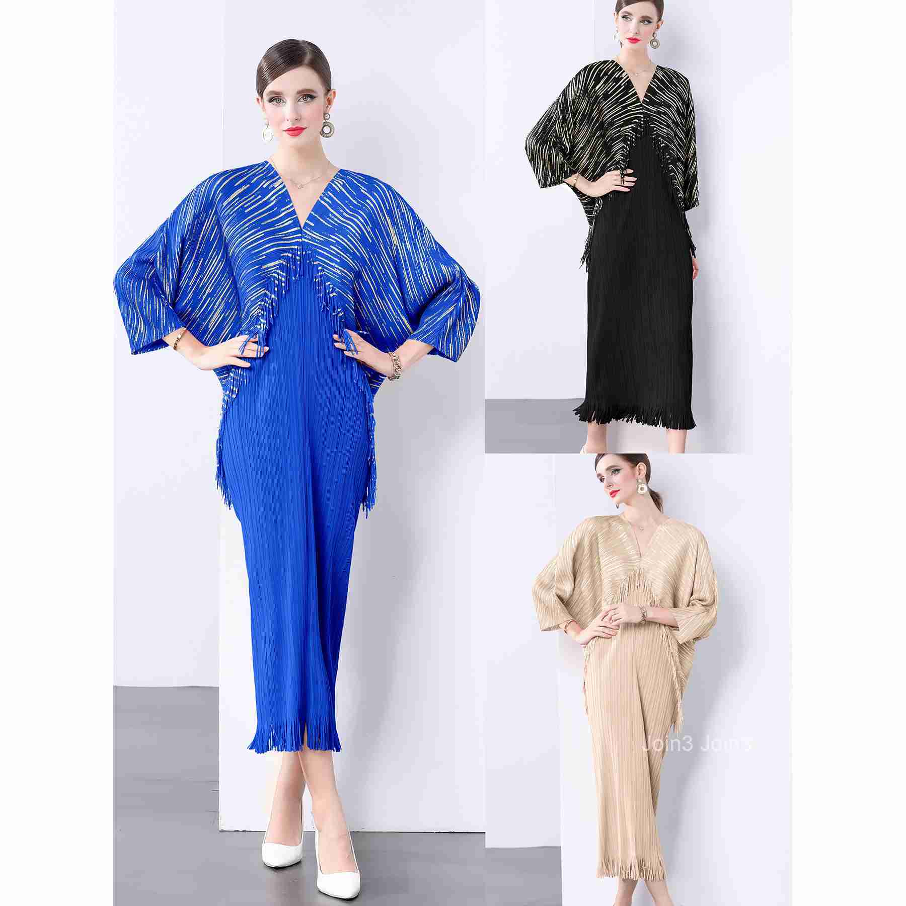 Spring and Autumn New Womens Elegant Dress Fashion V-neck Bat Sleeve Loose Folded Tassel Dress