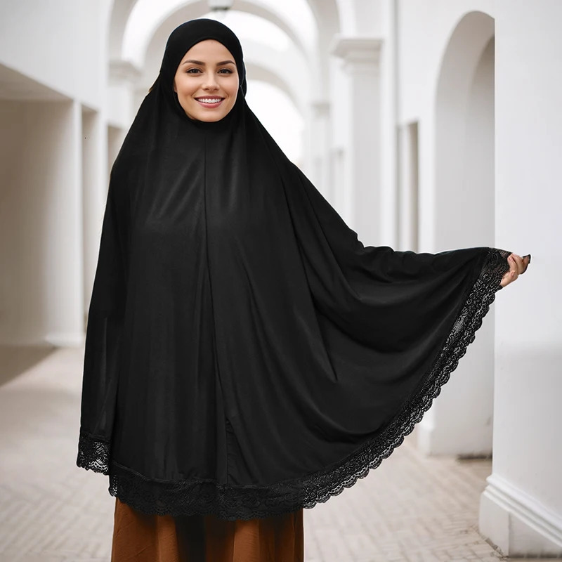 Muslim Abayas Full Cover Lace Edge Women Black Clothing Solid Color Instant Hijab Soft Premuim Cotton Hemp Ramadan Prayer Dress 250221