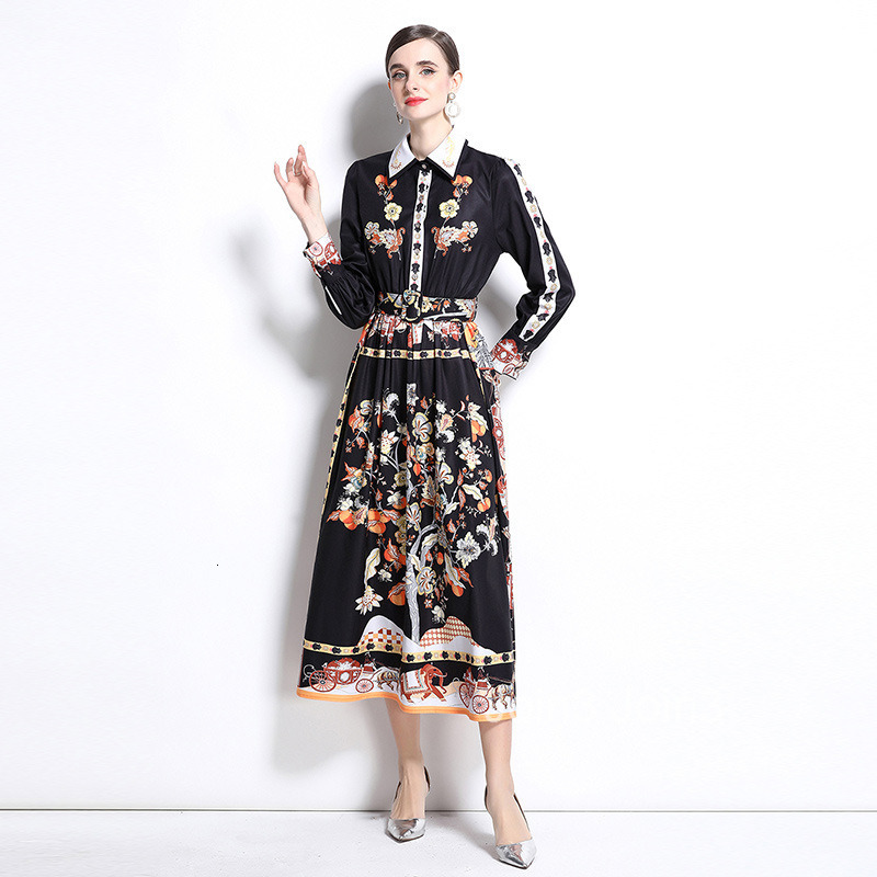 Spring New Womens Fashion Printed Collar Long Sleeve Crimson Waist Big Swing Long Skirt Dress