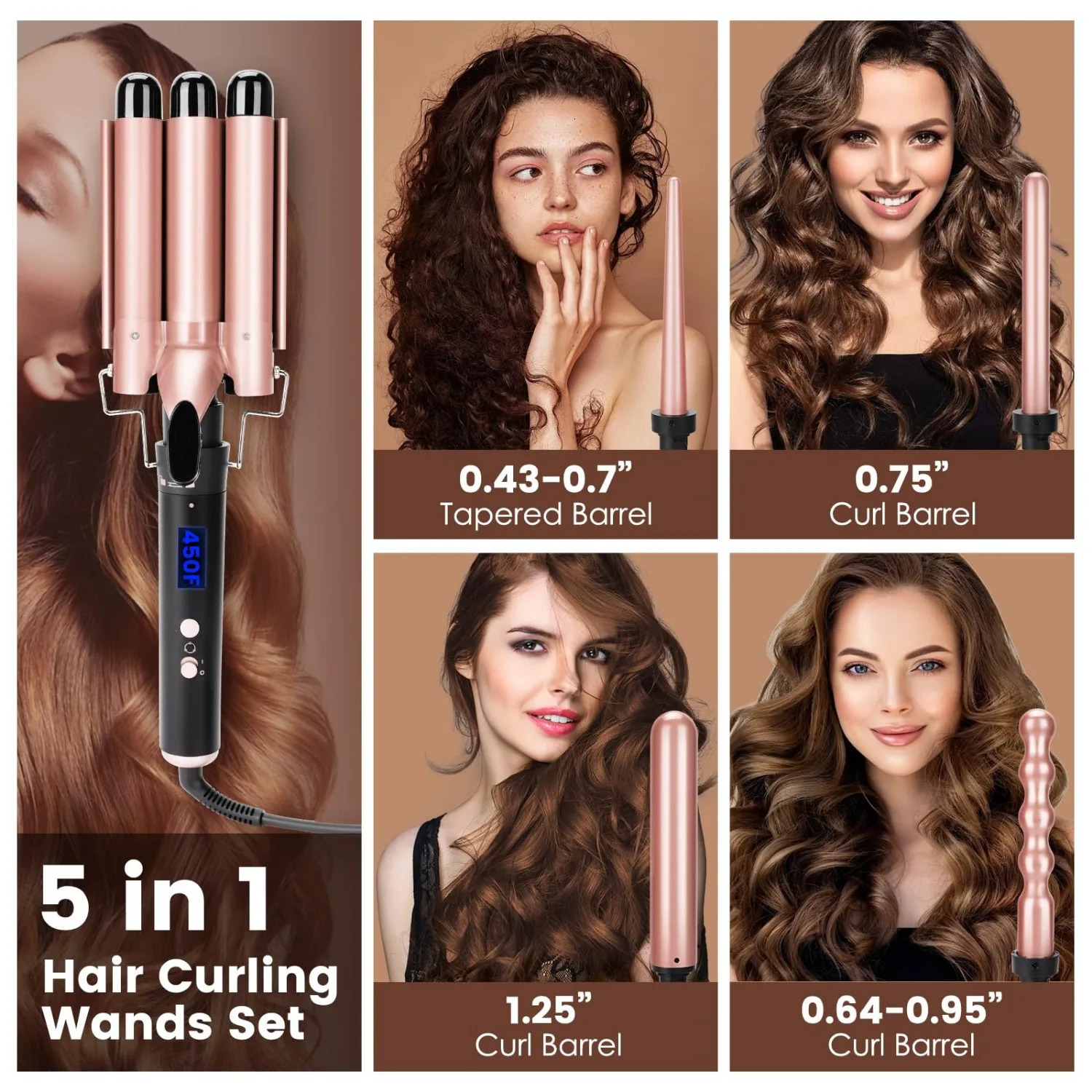 Five in one curling iron set with temperature display 5 replaceable curling irons suitable for all hair types champagne gold 250221