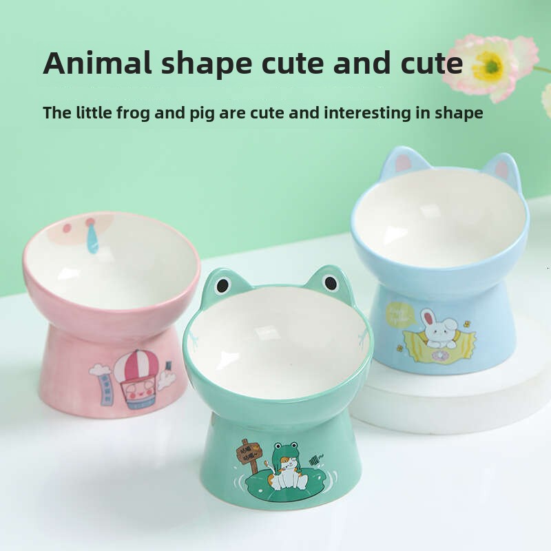 Animal shaped Frog High footed Ceramic Pet Diagonal Mouth Neck Protection Cat Cartoon Pig Rabbit Dog Bowl
