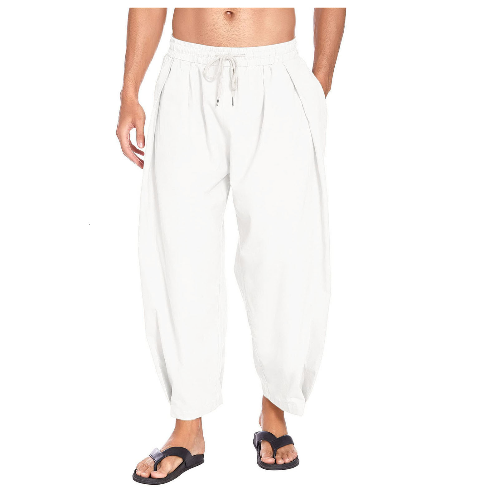 2025 Men's New Designer Cotton And Linen Halan Pants With Drawstring Casual Cropped Pants Lightweight Loose Breathable Beach Yoga Pants With Cuff