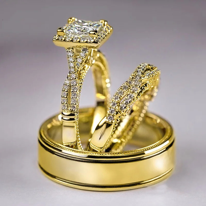 Valuable 3 in 1 Lab Diamond Ring Set White Gold Engagement Wedding Band Rings for Women Men Party Jewelry Gift 250219