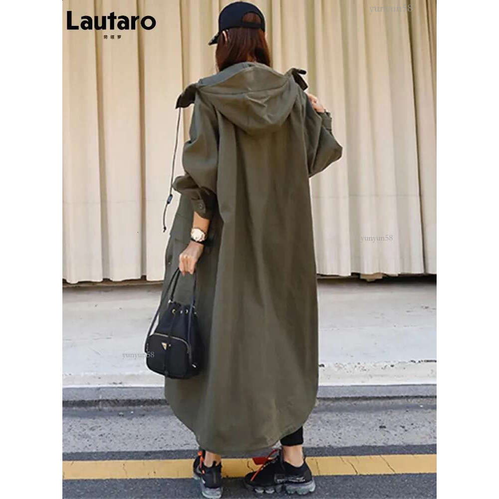 Lautaro Spring Autumn Long ArmyGreen Oversized Waterproof Windbreaker Women Hood Zip Up Casual Loose Bf Varsity Raincoat 240822