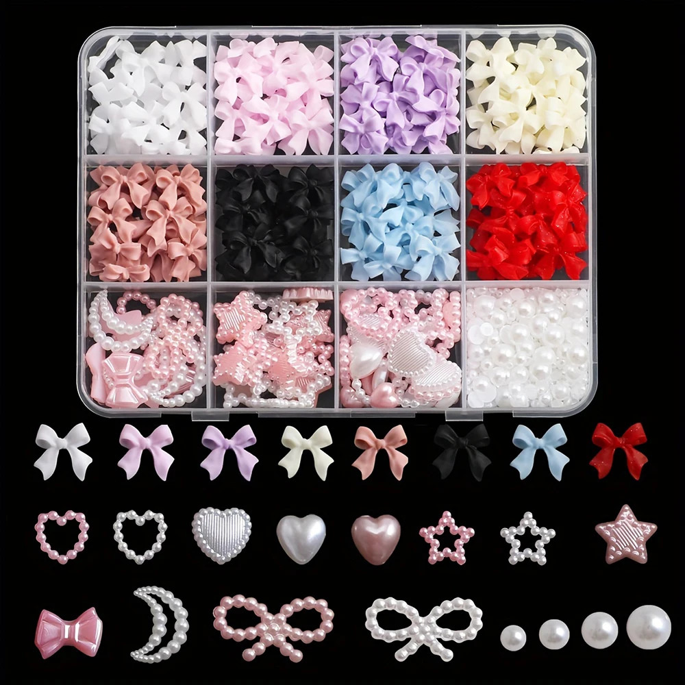 3D Nail Art Decoration Kit with Resin Bows Flat Back Pearls and Assorted Shapes Unscented DIY Craft Embellishments 250217