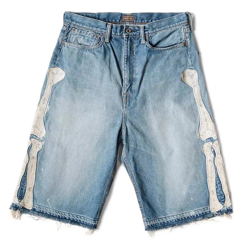Men Vintage Bone Blue Denim Shorts Summer Casual Loose Jeans Shorts Retro Harajuku Streetwear Hip Hop Y2K Shorts Man y2k pants 250222