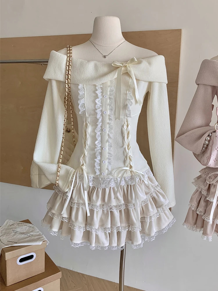 Fall Winter Women Kpop Shoujo Mori Girl 2000s Aesthetic Outfits 2 Piece Set Long Sleeve Off Shoulder Coquette Tops Mini Skirt 250222