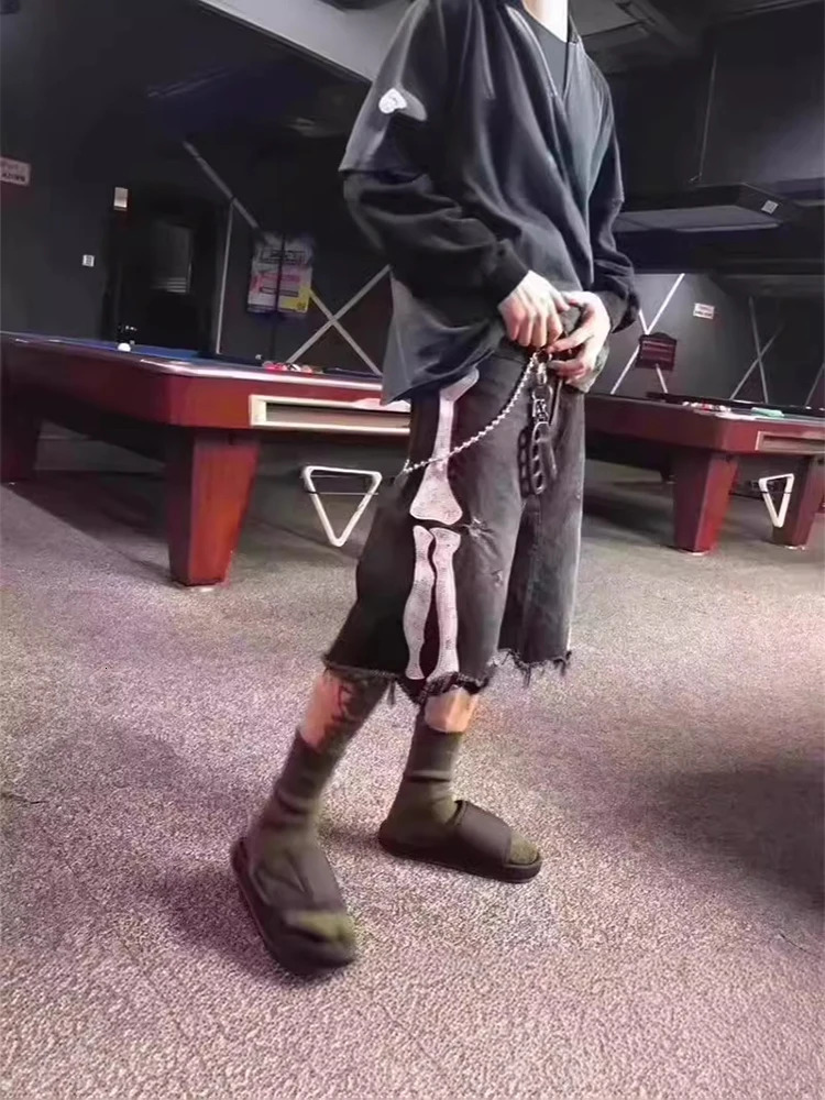 Men Vintage Bone Blue Denim Shorts Summer Casual Loose Jeans Shorts Retro Harajuku Streetwear Hip Hop Y2K Shorts Man y2k pants 250222