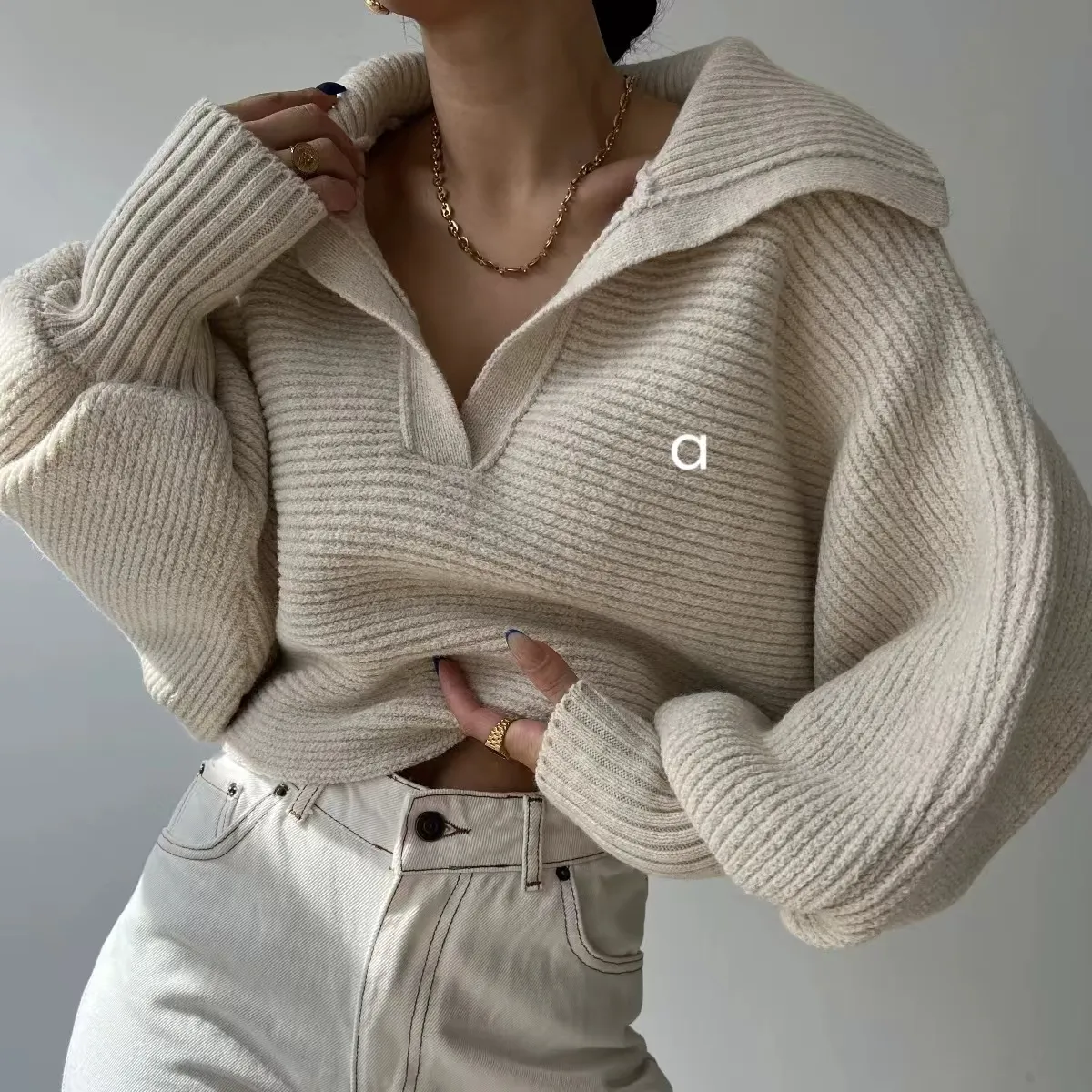 21138 Women Pullover Fiess Autumn Sweater Woolen Knit Outdoor Jogging Loose Womens Long Sleeve Sweatshirts Turn-Down Collar