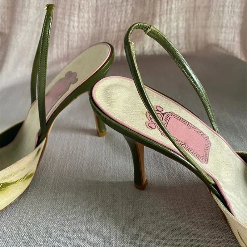 Embroidered High Heel Sandals Women Elegant Slingback Sandals Summer Pointed Toe Pumps Dress Shoes Women Zapatos De Mujer 250222