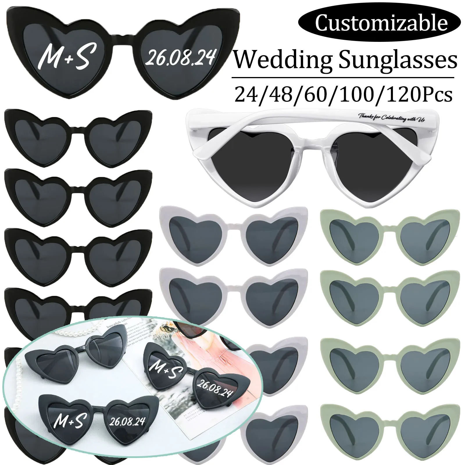 24-120Pcs Custom Heart Sunglasses Personalised Wedding Sunglasses Bridal Party Favors for Guest Wedding Date Initials Custom 250222