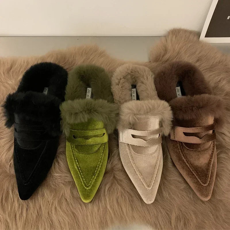 Women Velvet Mules Pointy Toe Slipon Fur Sandals Ladies n Outdoor Furry Slides Evening Party Heeled Shoes 250218