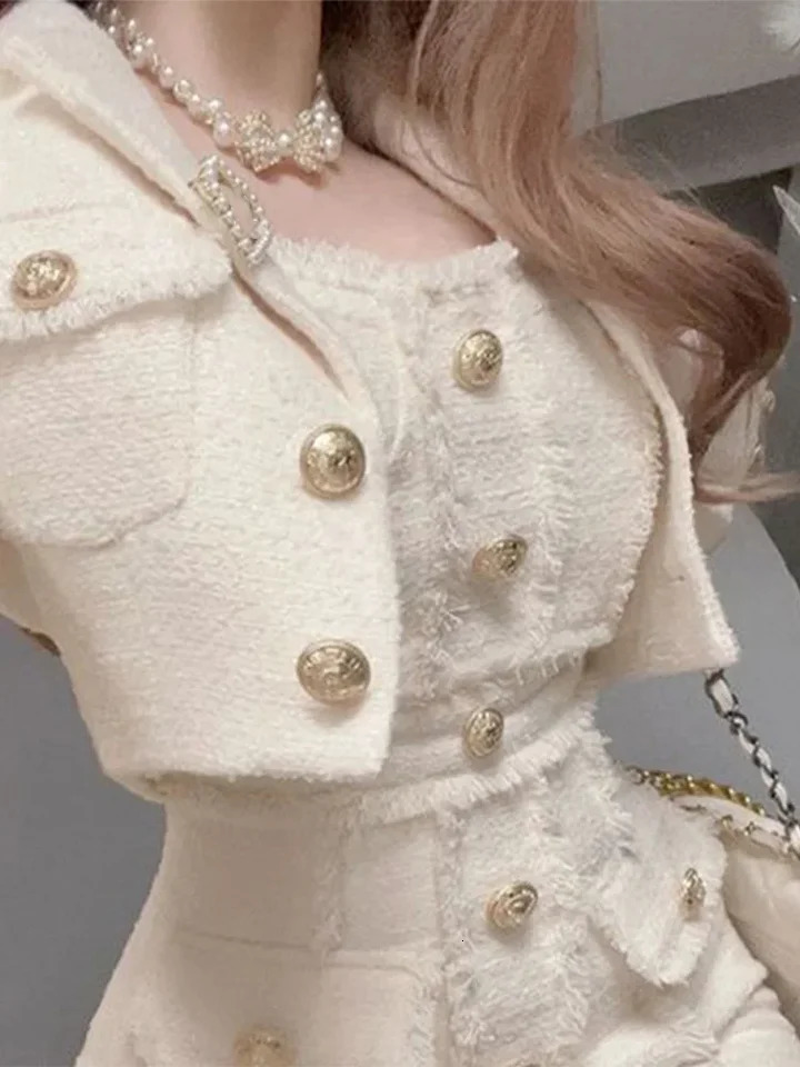 Coarse Tweed Woven Coat Jacket Skirt Two Piece Sets Vintage Elegant Short Overcoat Waist Cinching Slim Fit Women Wrap Hip Skirts 250222